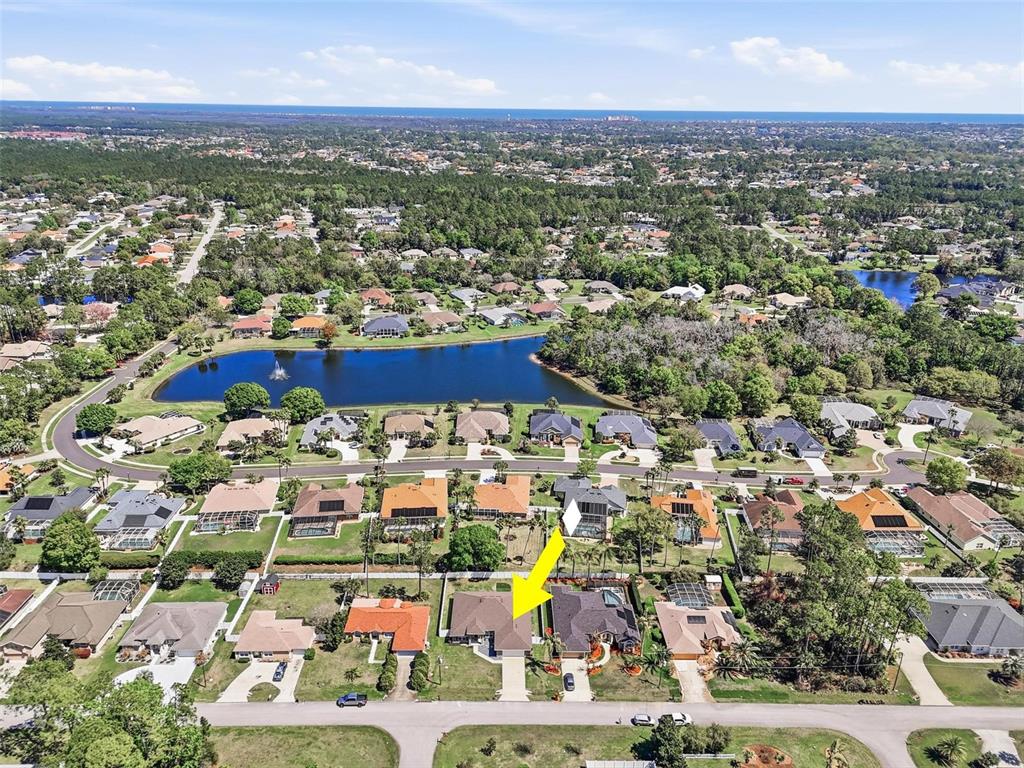 An aerial view shows a residential neighborhood with houses, a lake, and trees — 80 BURNING BUSH DRIVE, PALM COAST, FL