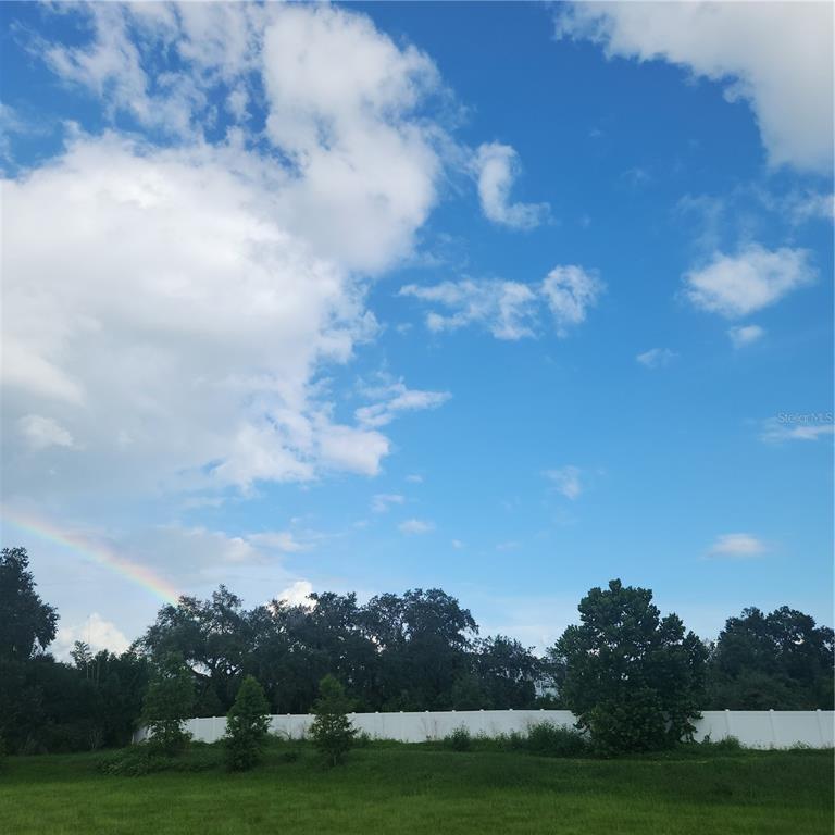 A white fence borders a grassy yard with trees under a sky with a rainbow — 4137 NEW RIVER RD, ZEPHYRHILLS, FL