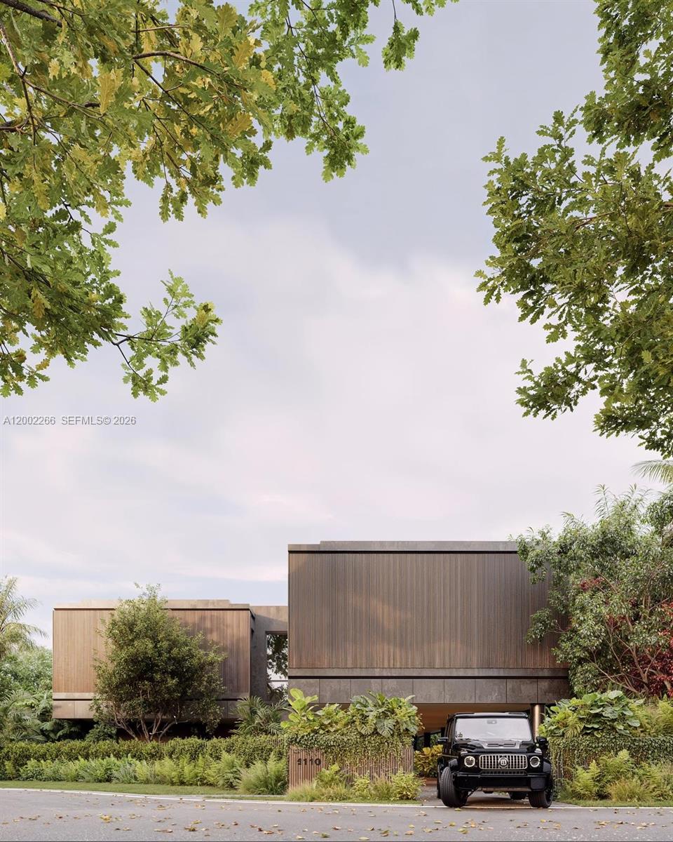 This is a rendering of a modern two-story house with wood siding and a black SUV — 1110 NE 84th St, Miami FL 33138, MIAMI, FL