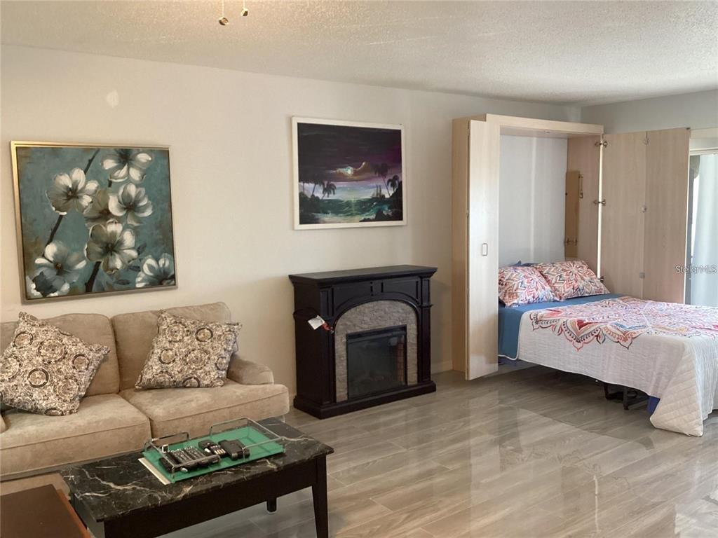 A living room features a sofa, a fireplace, and a wall-mounted Murphy bed — 7701 STARKEY ROAD UNIT 704, SEMINOLE, FL