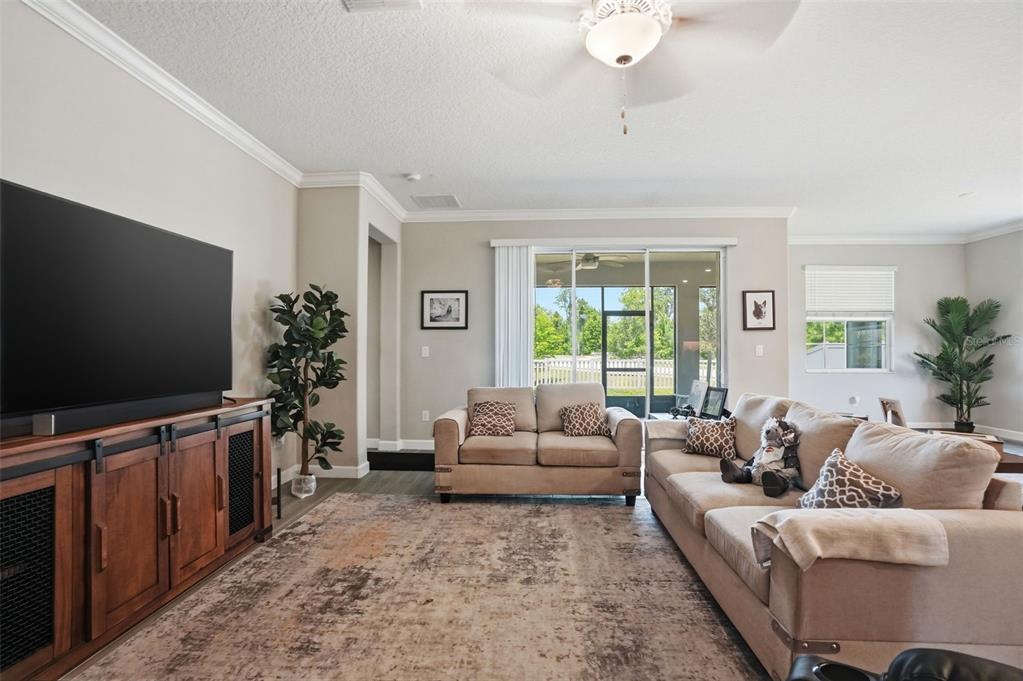 A living room features a large television, a wooden media console, and beige sofas — 17135 SHELL BAY DRIVE, LAND O LAKES, FL
