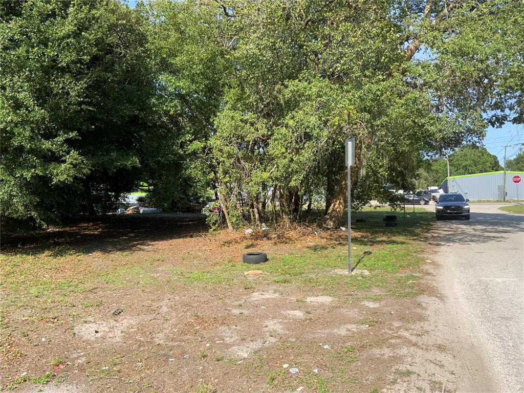 A vacant, wooded lot sits beside a paved road with a car and stop sign — 5902 N 50TH STREET, TAMPA, FL