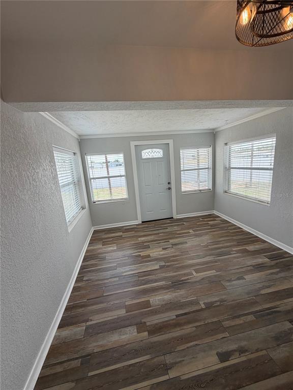 A room with light gray walls, wood-look flooring, four windows, and a white front door — 8871 PEBBLEBROOKE DRIVE, LAKELAND, FL