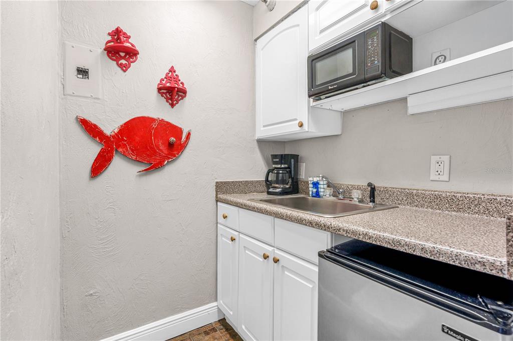 A small kitchen area features white cabinets, a microwave, a sink, and red wall decor — 313 S ATLANTIC AVENUE UNIT 5310, DAYTONA BEACH, FL