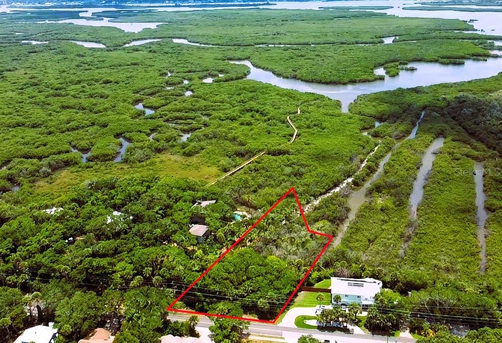 An aerial view shows a rectangular plot of land outlined in red near mangroves — 4168 SAXON DRIVE, NEW SMYRNA BEACH, FL