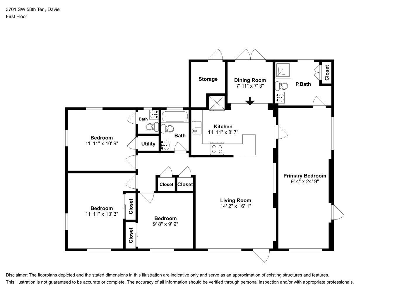 This is a floor plan for a single-story residential home with four bedrooms — DAVIE, FL