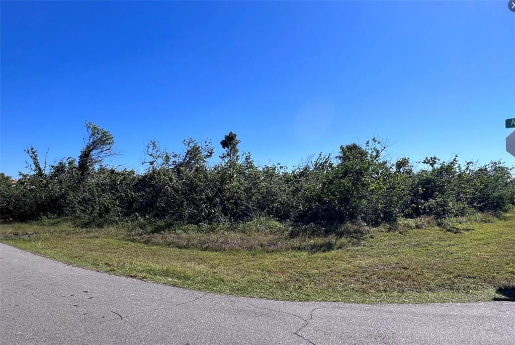 A vacant, overgrown corner lot is bordered by an asphalt road under a clear sky — 15531 AQUA CIRCLE, PORT CHARLOTTE, FL