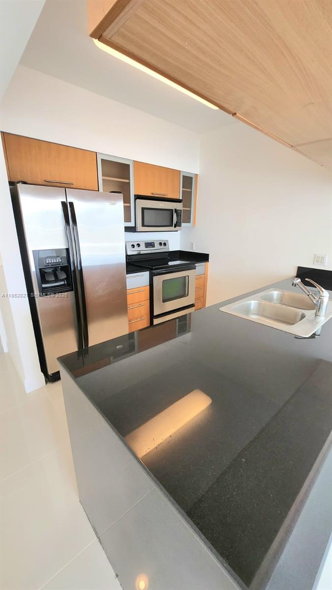 A kitchen features stainless steel appliances, wood cabinets, and a black granite island countertop — 1750 N Bayshore Dr # 2010, Miami FL 33132, MIAMI, FL