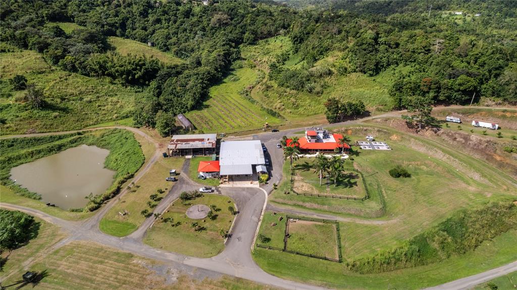 An aerial view shows a rural property with a pond, several buildings, and fenced pastures — HACIENDA CASCADA, AGUAS BUENAS, PR