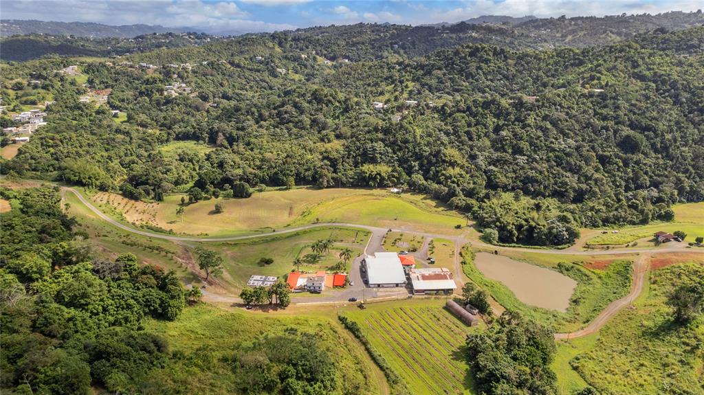 An aerial view shows a rural property with several buildings, a pond, and surrounding hills — HACIENDA CASCADA, AGUAS BUENAS, PR