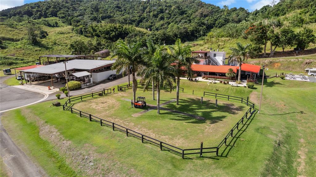 An aerial view shows a fenced grassy yard with palm trees between two large buildings — HACIENDA CASCADA, AGUAS BUENAS, PR