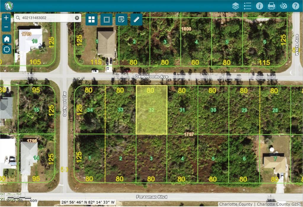 This is a map showing a highlighted vacant lot in a residential subdivision — 12415 DEEPWOODS AVENUE, PORT CHARLOTTE, FL