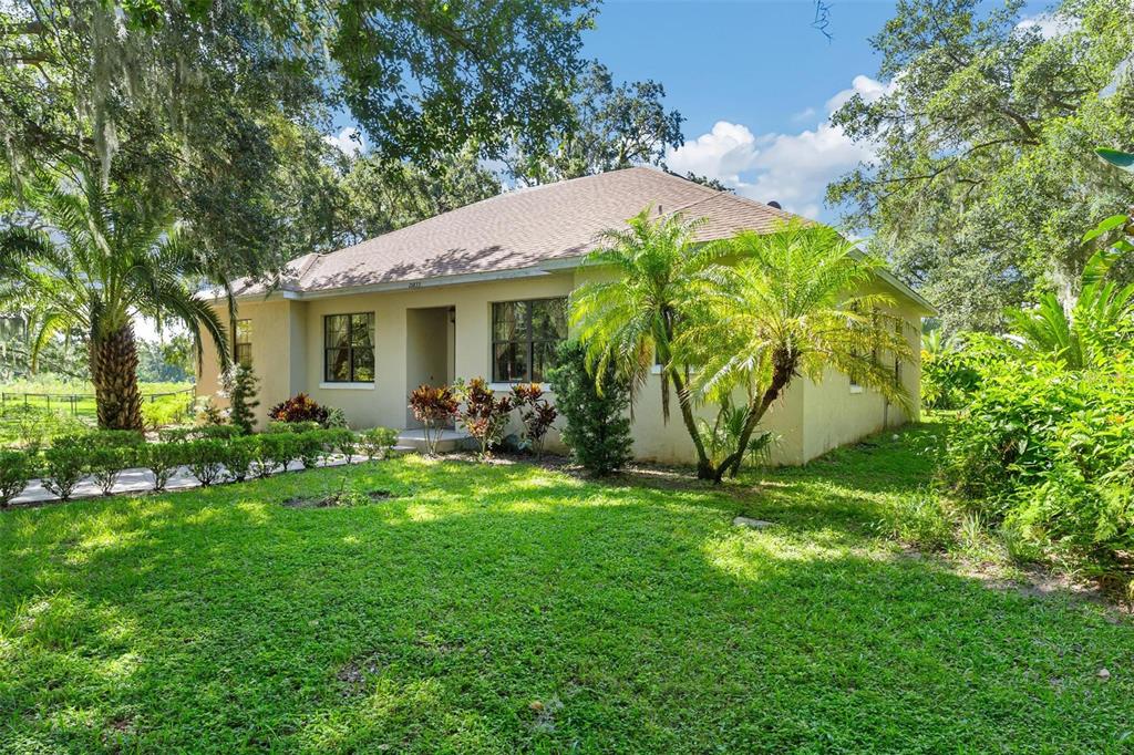 A single-story house with a tan exterior, a hip roof, and palm trees in the yard — 26833 ANDERSON RANCH ROAD, YALAHA, FL