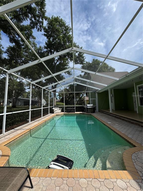 A rectangular swimming pool is enclosed by a white screen cage on a paved patio — 2928 CHELSEA WOODS DRIVE, VALRICO, FL