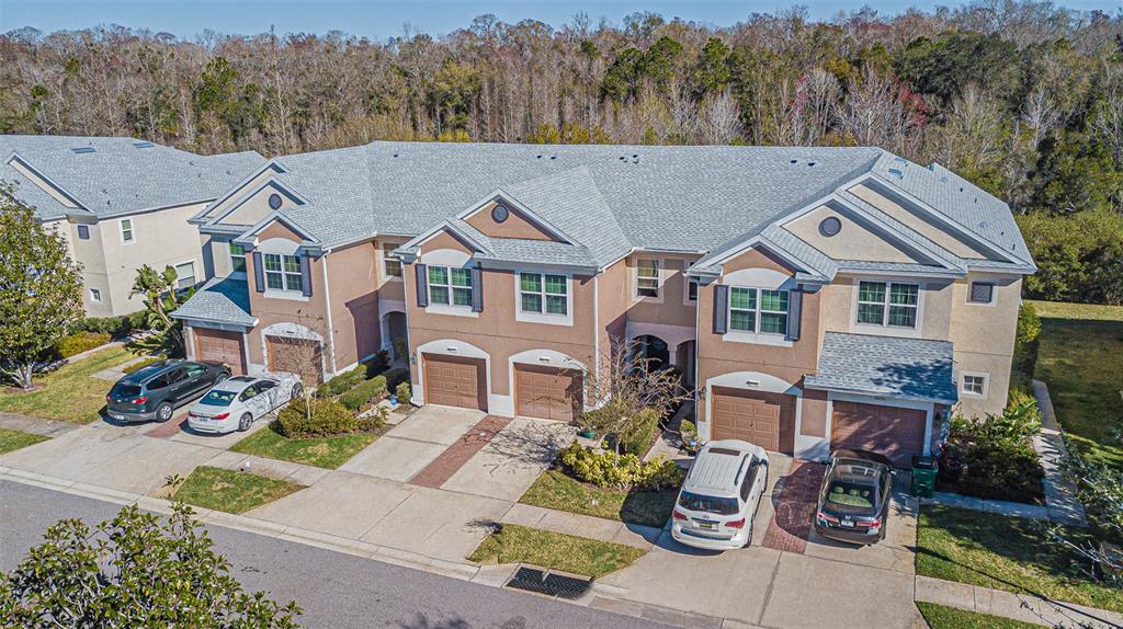 An aerial view shows a multi-unit townhouse complex with attached garages and paved driveways — 26544 CASTLEVIEW WAY, WESLEY CHAPEL, FL