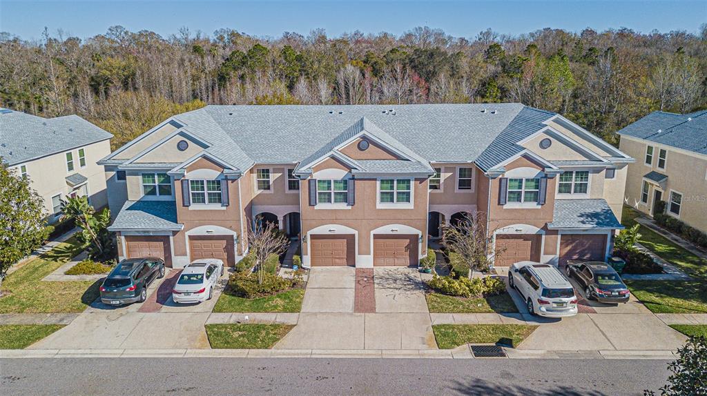 An aerial view of a multi-unit townhouse complex with attached garages and a paved street — 26544 CASTLEVIEW WAY, WESLEY CHAPEL, FL
