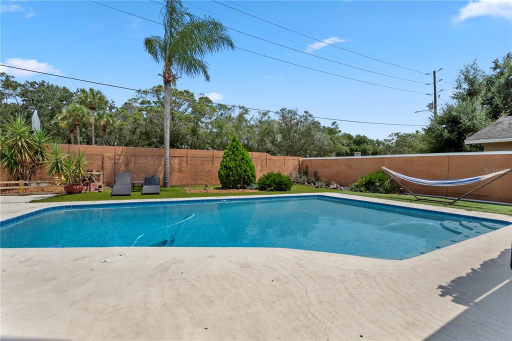 A backyard features a swimming pool, a hammock, lounge chairs, and a tall palm tree — 961 APPLE LANE, ALTAMONTE SPRINGS, FL