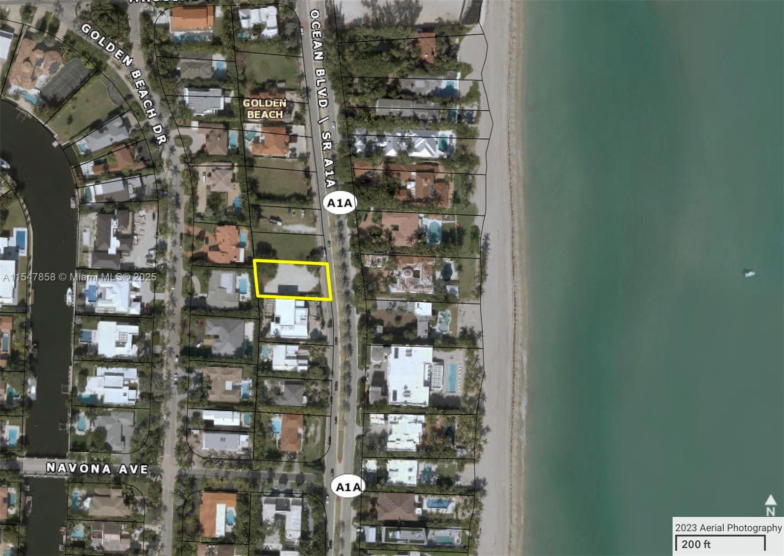 This is an aerial map showing a residential property highlighted in yellow along a coastline — 624 Ocean Blvd, Golden Beach FL 33160, GOLDEN BEACH, FL