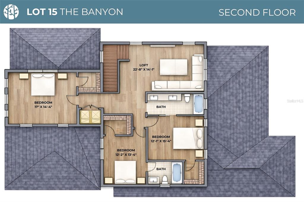 This floor plan shows the second level of a house with three bedrooms and a loft — 914 ENCLAVE PLACE, WINTER PARK, FL
