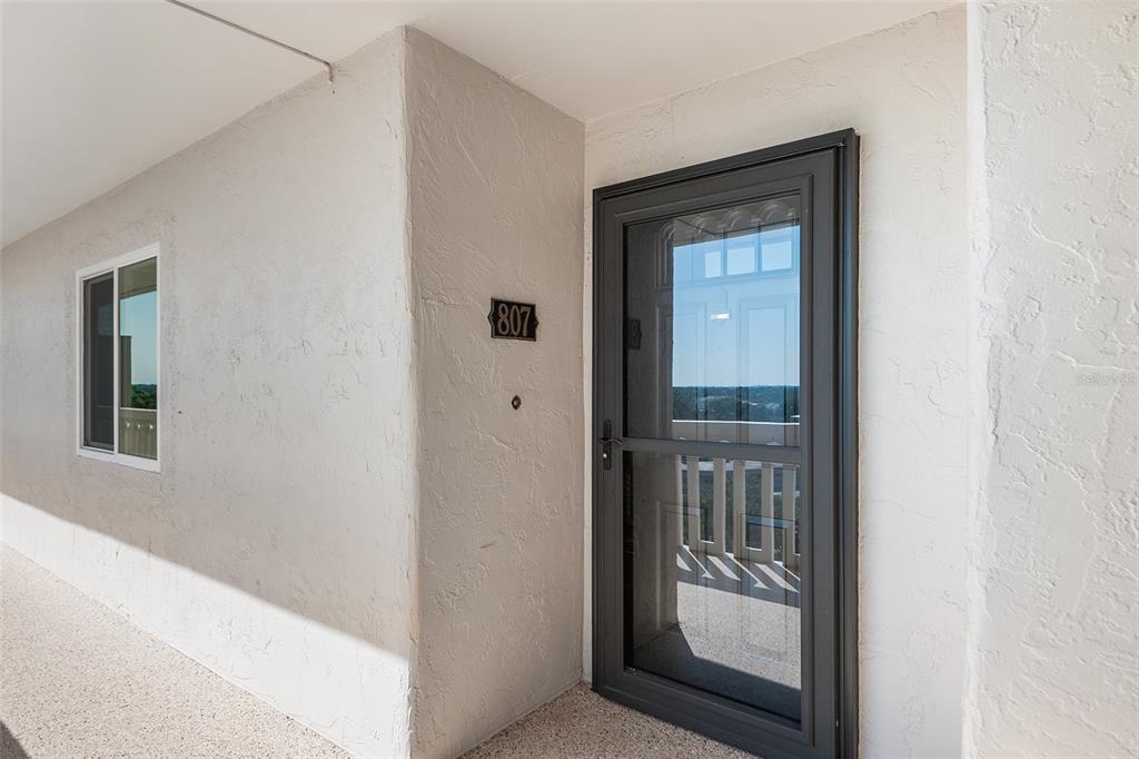 An exterior view of a residential unit entrance with a dark storm door and number 807 — 1776 6TH STREET NW UNIT 807, WINTER HAVEN, FL