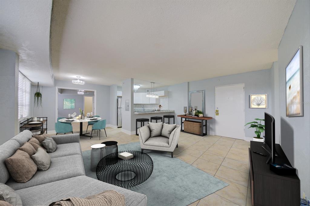 This is a digital rendering of an open-concept living room and dining area with tile flooring — 3315 58TH AVENUE S UNIT 306, ST PETERSBURG, FL