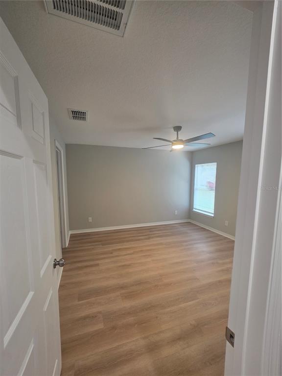 An empty bedroom features light wood-look flooring, gray walls, a ceiling fan, and one window — 851 AVENUE R NE, WINTER HAVEN, FL