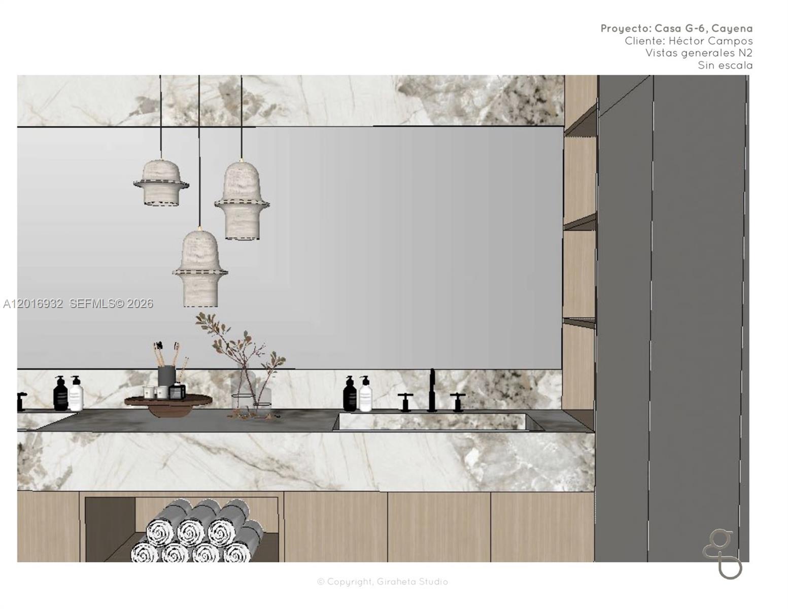 This rendering shows a modern bathroom vanity with marble countertops, wood cabinetry, and pendant lighting — KM 52 EL ZONTE, MA 01511, MA