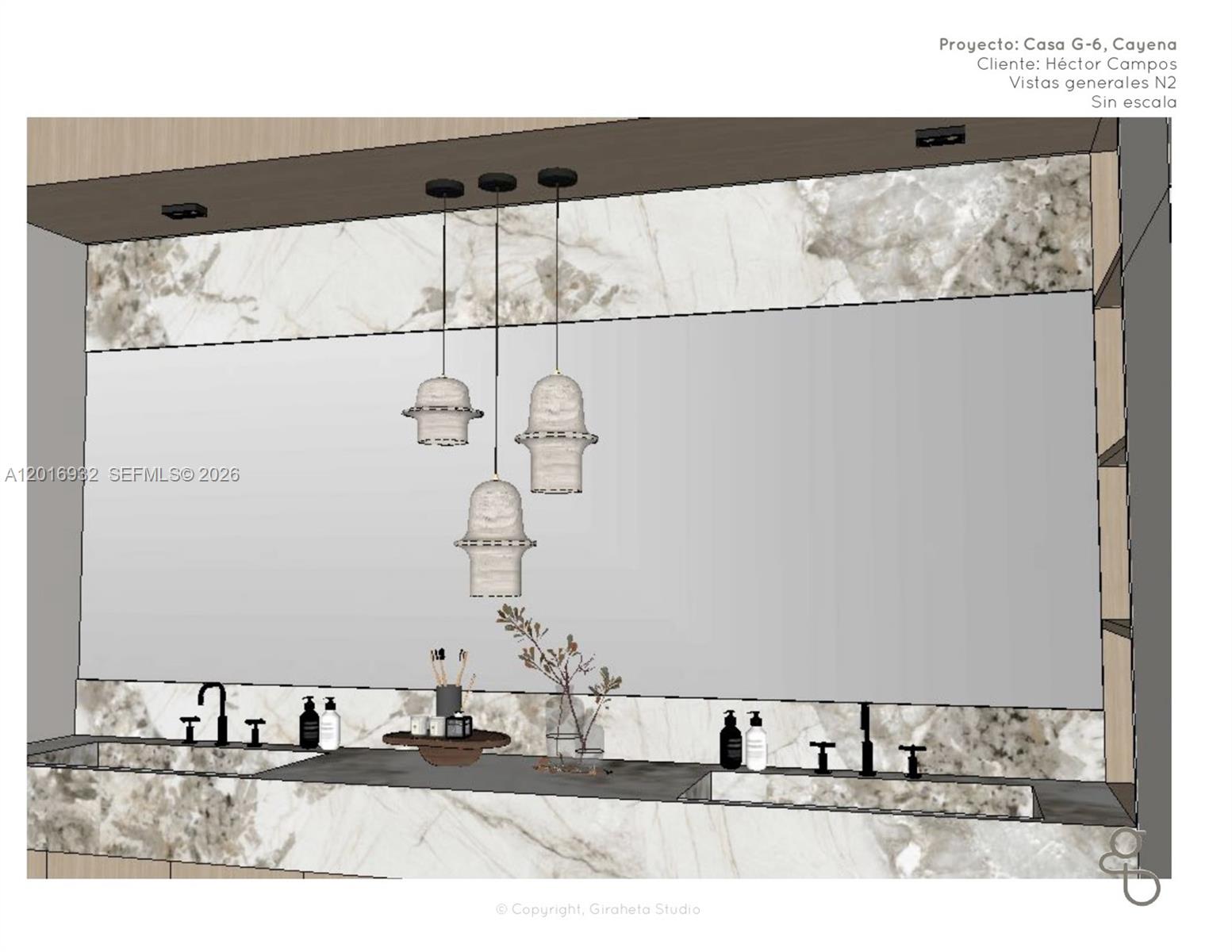 This is a digital rendering of a modern bathroom vanity with dual sinks and marble backsplash — KM 52 EL ZONTE, MA 01511, MA