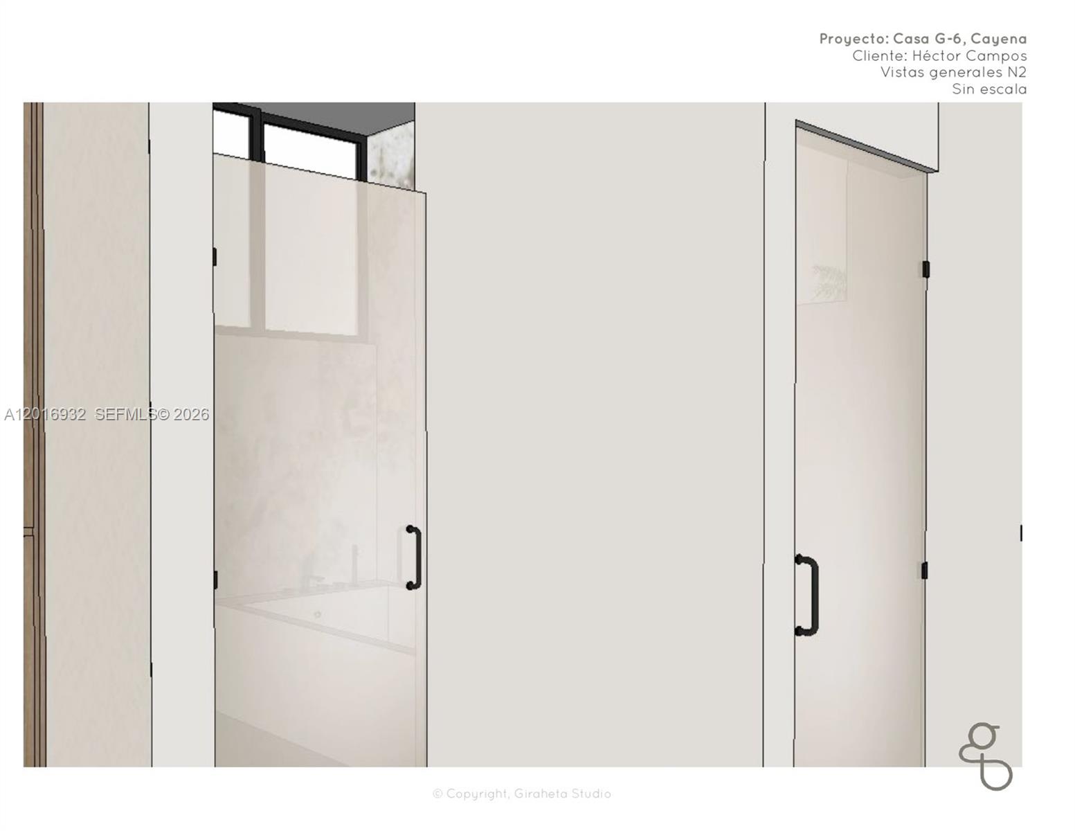 This is a 3D architectural rendering showing two glass shower doors with black handles — KM 52 EL ZONTE, MA 01511, MA