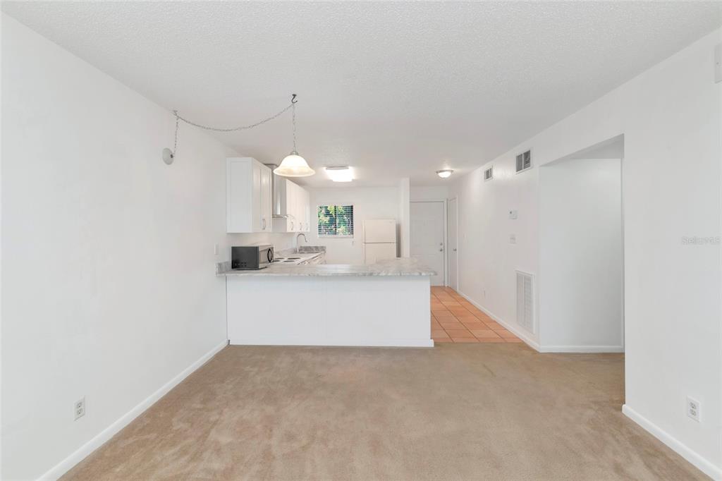 An open-concept living and dining area with carpeted floors and a kitchen with white cabinets — 6033 34TH STREET W UNIT 58, BRADENTON, FL