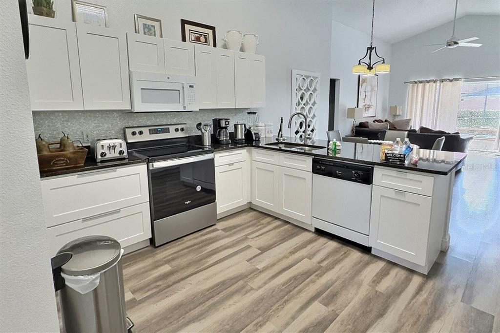 A kitchen features white cabinets, dark countertops, stainless steel appliances, and wood-look flooring — 1005 LAKE BERKLEY DRIVE, KISSIMMEE, FL