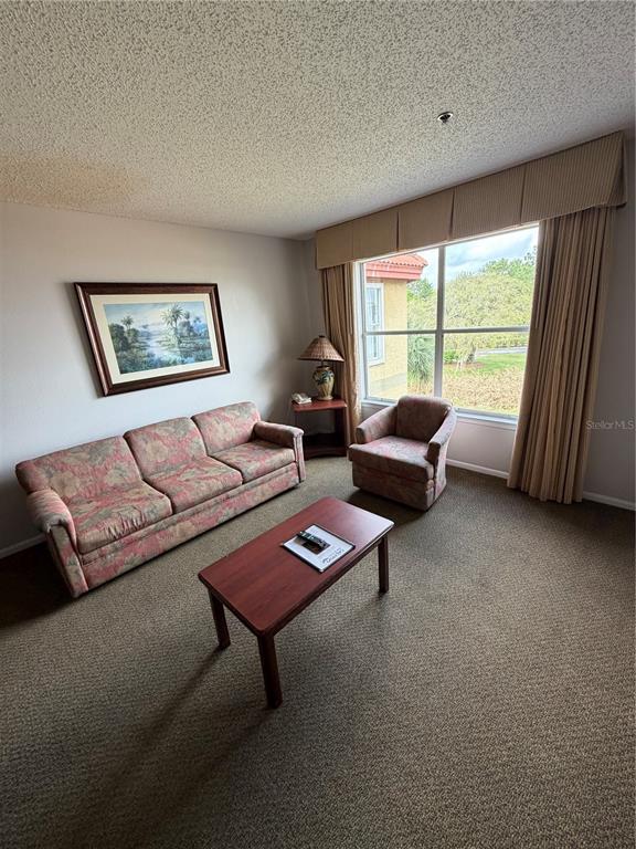 A living room features a floral sofa, a matching armchair, a coffee table, and large windows — 6403 PARC CORNICHE DRIVE UNIT 4305, ORLANDO, FL