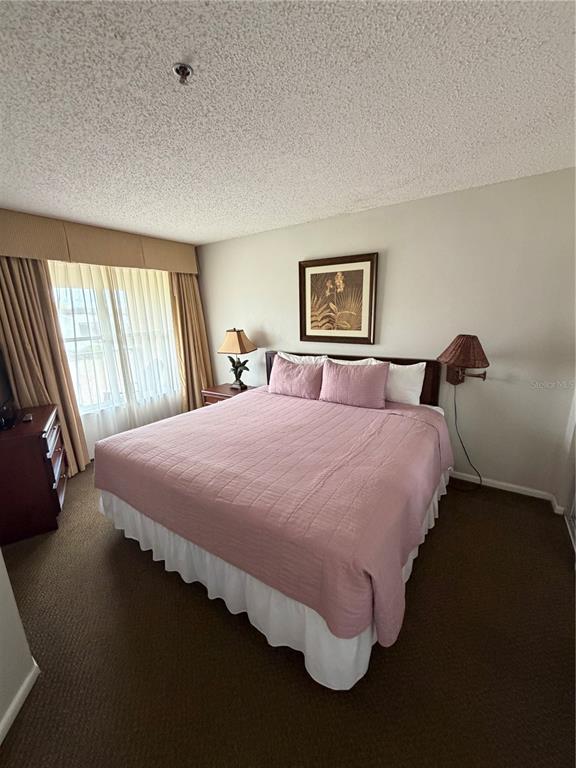 A bedroom features a king-sized bed with a pink quilt, brown carpeting, and window curtains — 6403 PARC CORNICHE DRIVE UNIT 4305, ORLANDO, FL