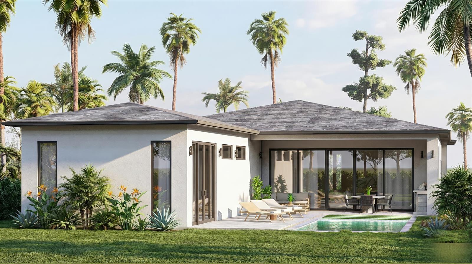 This architectural rendering shows the exterior of a modern house with a pool and patio — 219 NE 16th Street, Delray Beach FL 33444, DELRAY BEACH, FL