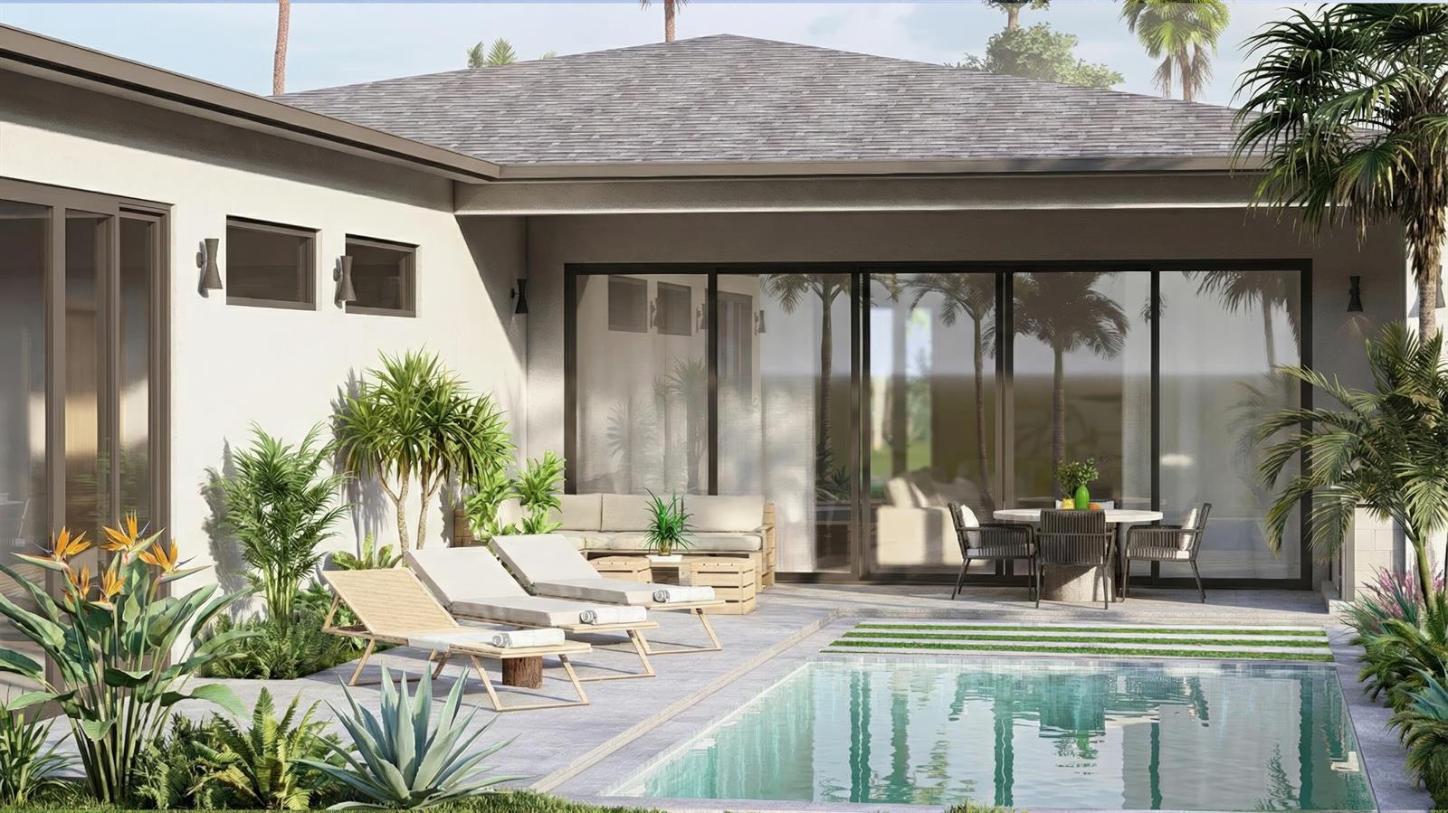 This is a rendering of a modern patio with a swimming pool and lounge furniture — 219 NE 16th Street, Delray Beach FL 33444, DELRAY BEACH, FL