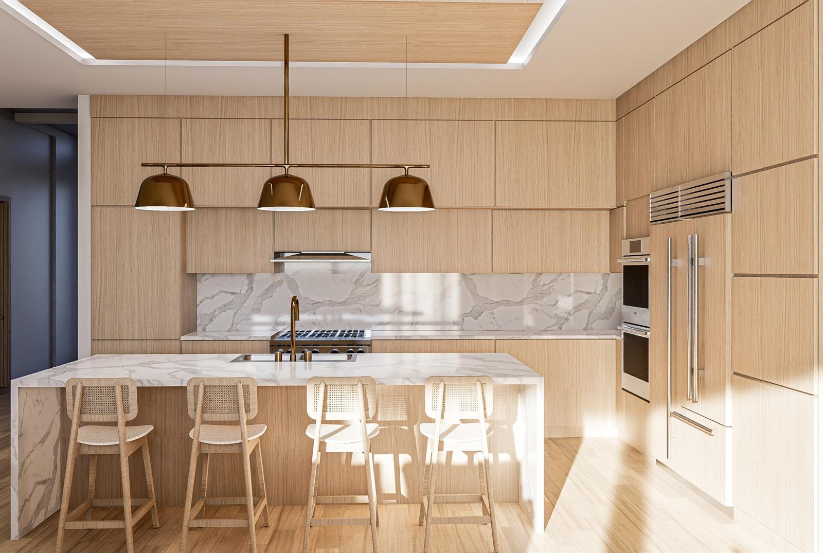This rendering shows a modern kitchen with light wood cabinetry, marble countertops, and four stools — 219 NE 16th Street, Delray Beach FL 33444, DELRAY BEACH, FL