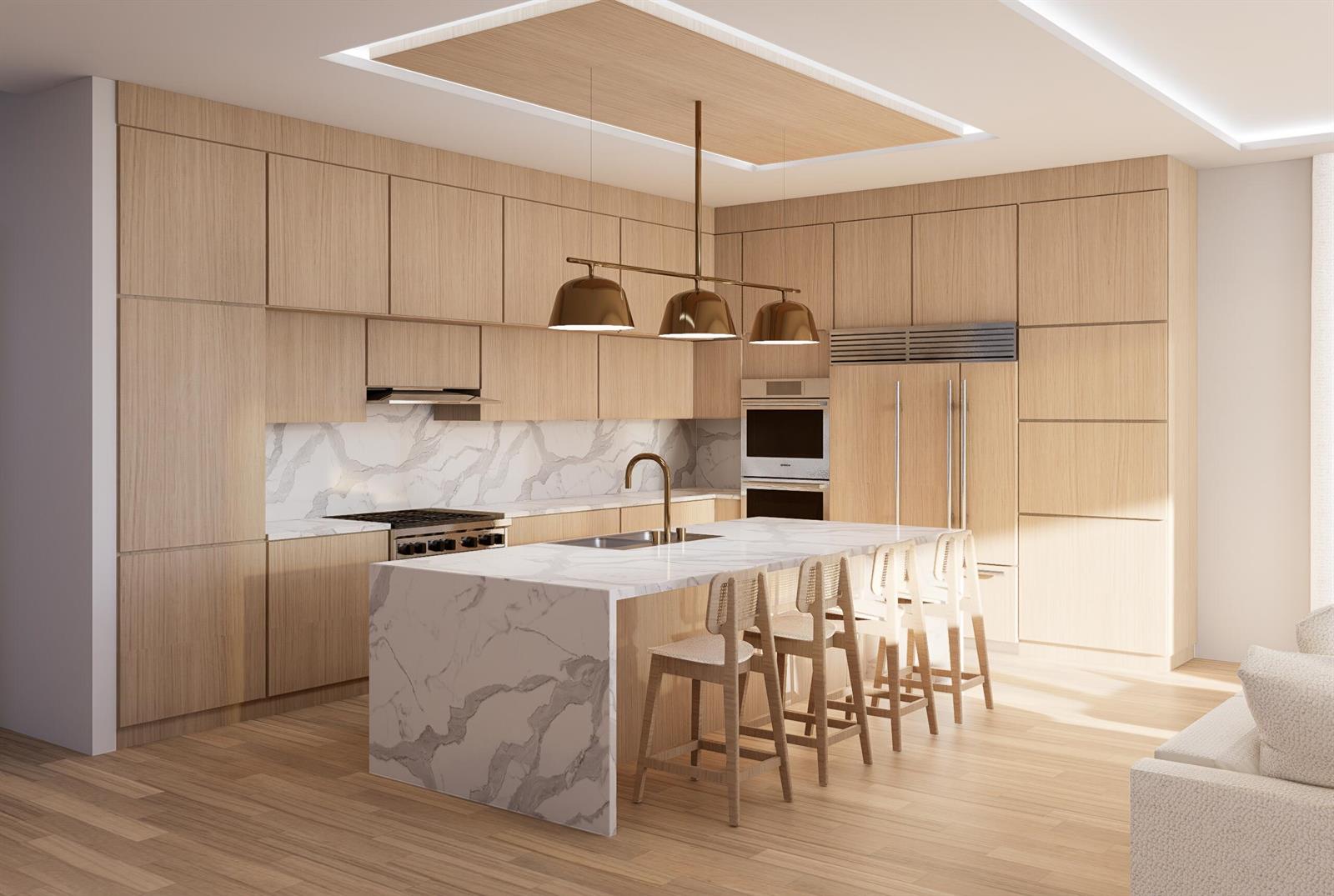 This rendering shows a modern kitchen with light wood cabinetry, marble countertops, and a central island — 219 NE 16th Street, Delray Beach FL 33444, DELRAY BEACH, FL
