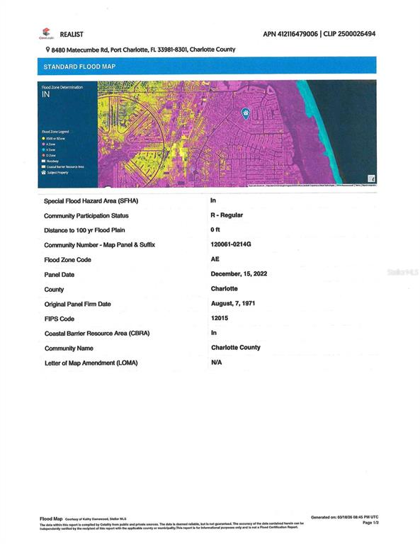 This is a flood map document for a property located in Charlotte County, Florida — 8480 MATECUMBE ROAD, PORT CHARLOTTE, FL