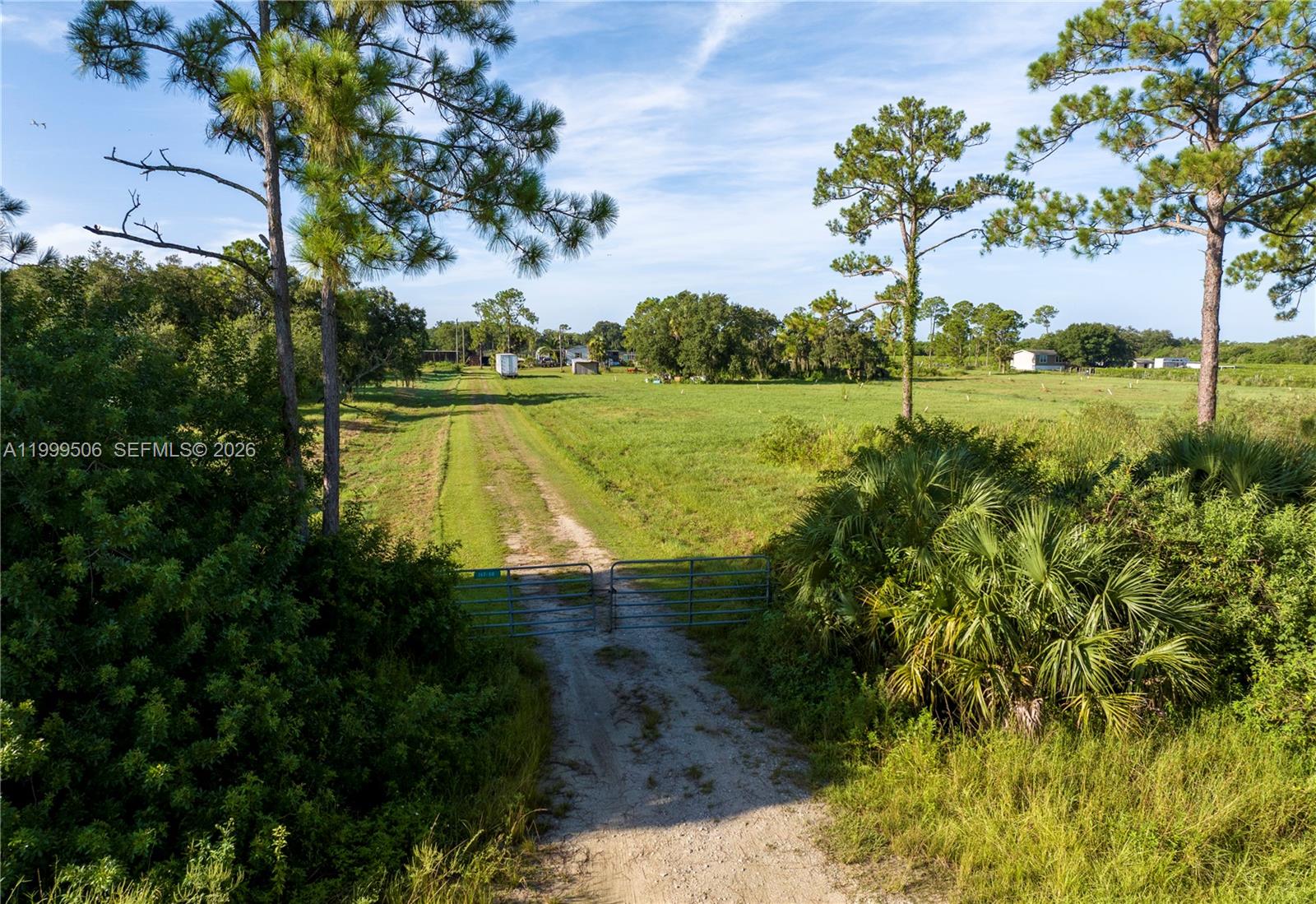 A dirt driveway leads through a metal gate into a large, grassy, tree-lined field — 14759 Center Ave, Clewiston FL 33440, CLEWISTON, FL