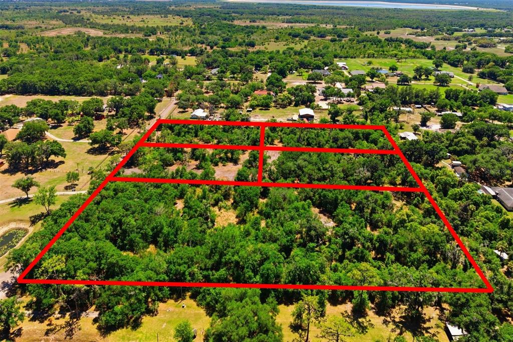 An aerial view shows several large houses on expansive, tree-filled lots outlined in red — 19084 RED BIRD LANE LOT 3, LITHIA, FL