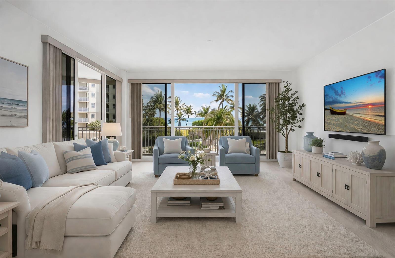 A bright living room features a white sectional, blue armchairs, and a balcony with ocean views — 1660 S Highway A1a (plus Deeded Sep. Guest Quarters) # 222, Jupiter FL 33477, JUPITER, FL
