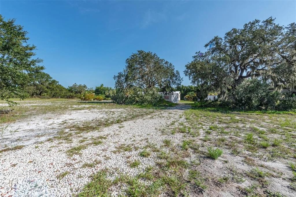 A gravel driveway leads toward a small white building surrounded by large oak trees — 12154 BULLFROG CREEK ROAD, GIBSONTON, FL