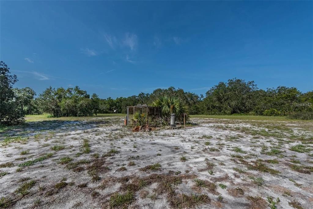 A sandy, open lot features a small, weathered metal structure surrounded by trees and brush — 12154 BULLFROG CREEK ROAD, GIBSONTON, FL