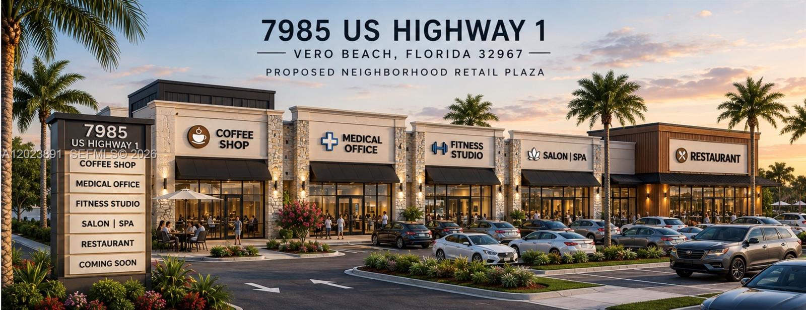 A digital rendering shows a modern neighborhood retail plaza with several storefronts and parked cars — 7985 US Highway 1, Vero Beach FL 32967, VERO BEACH, FL