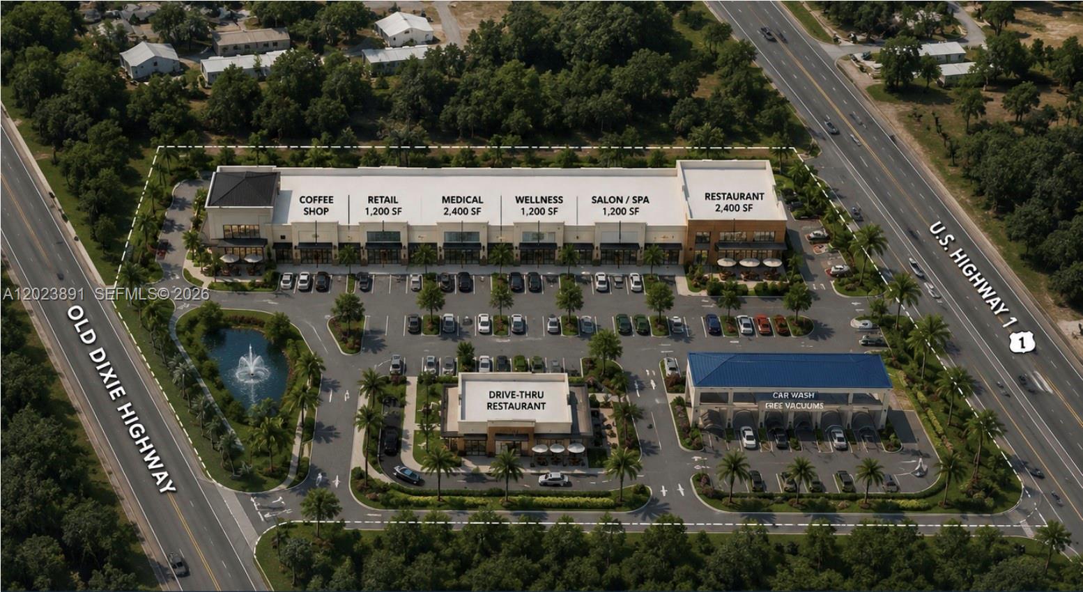 This is a rendering of a commercial shopping center with a car wash and restaurants — 7985 US Highway 1, Vero Beach FL 32967, VERO BEACH, FL