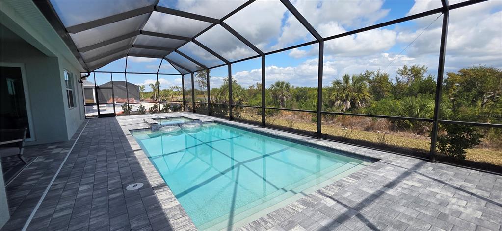 A screened-in swimming pool and spa with a paver deck overlooking a wooded area — 8006 LAKES EDGE LANE, PORT CHARLOTTE, FL