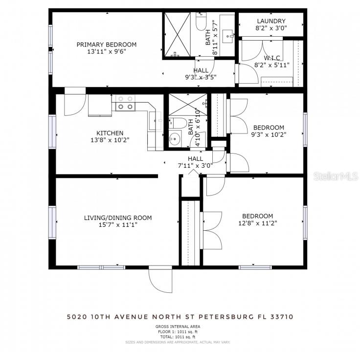 This is a floor plan showing a three-bedroom, two-bathroom residential layout — 5022 10TH AVENUE N, ST PETERSBURG, FL
