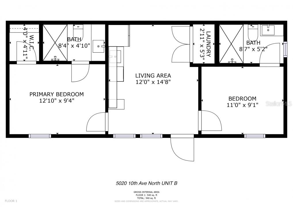 This is a floor plan for a two-bedroom, two-bathroom apartment with a central living area — 5022 10TH AVENUE N, ST PETERSBURG, FL