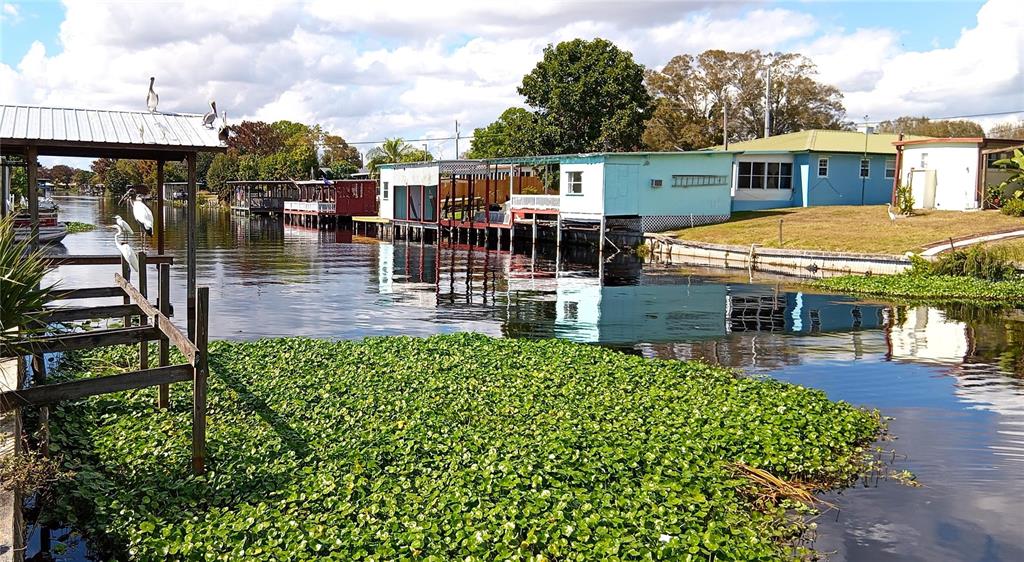 A canal view features a wooden dock with birds, floating vegetation, and nearby waterfront homes — 3431 SE 28TH STREET, OKEECHOBEE, FL