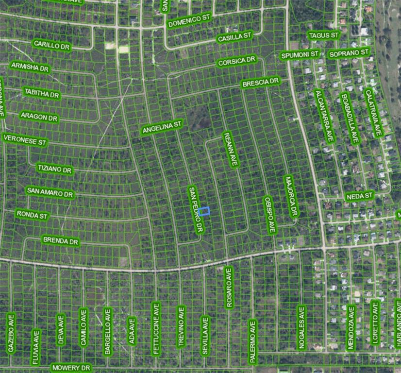 This is a map showing a residential area with a highlighted plot of land — 4336 SAN PEDRO DRIVE, SEBRING, FL